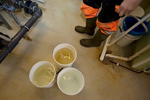 Vannavstenging ved Oppeid vannverk Bøtter fylt med vann fra et vannverk