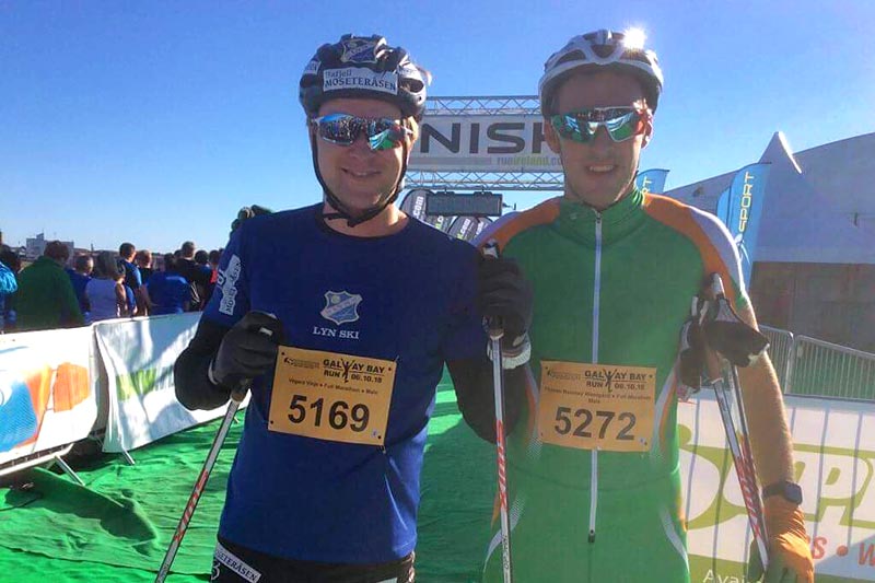Vegard Vinje og Thomas Westgaard like etter målgang i Galway Bay Marathon på rulleski. Foto: Privat. Vegard Vinje og Thomas Westgaard like etter målgang i Galway Bay Marathon på rulleski. Foto: Privat.