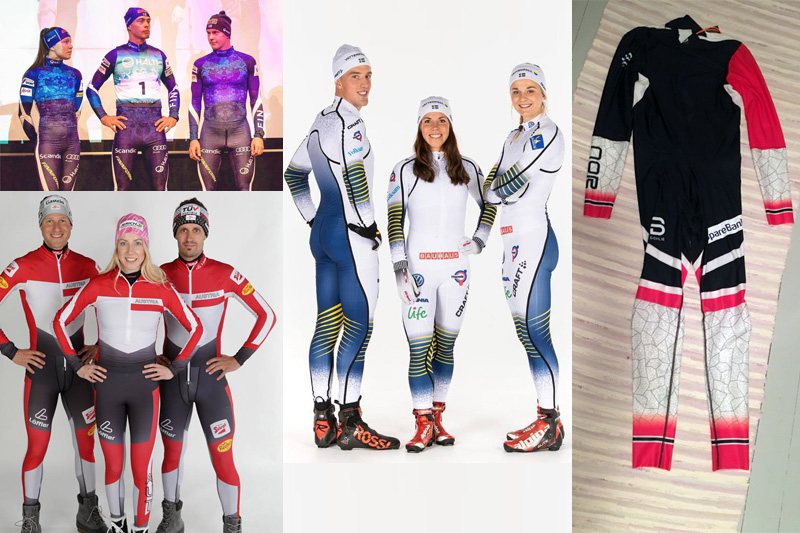 Noen av de nye skidressene for sesongen 2018/2019. Bildene er hentet fra Finlands landslag (øverst til venstre), Østerrike (nederst t.v.), Sverige (midten) og Norge (høyre). Collage: Langrenn.com. Noen av de nye skidressene for sesongen 2018/2019. Bildene er hentet fra Finlands landslag (øverst til venstre), Østerrike (nederst t.v.), Sverige (midten) og Norge (høyre). Collage: Langrenn.com.