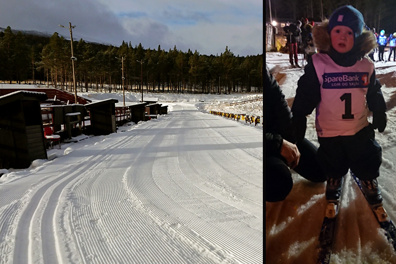 Dombås Skiarena har 3 km skispor og Dombås IL arrangerte klubbrenn onsdag kveld. Emil Killi-Nossum (t.h.) fikk dermed æren av å åpne sesongen i det som trolig var første norske renn på snø i sesongen 2018-2019. Foto: Dombås Skiarena/Dombås IL. Dombås Skiarena har 3 km skispor og Dombås IL arrangerte klubbrenn onsdag kveld. Emil Killi-Nossum (t.h.) fikk dermed æren av å åpne sesongen i det som trolig var første norske renn på snø i sesongen 2018-2019. Foto: Dombås Skiarena/Dombås IL.