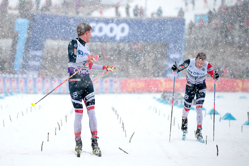 Didrik Tønseth tok spurten i Lillehammers minitour i verdenscupen 2018 foran Sjur Røthe i et forrykende snøvær. Foto: Modica/NordicFocus. Didrik Tønseth tok spurten i Lillehammers minitour i verdenscupen 2018 foran Sjur Røthe i et forrykende snøvær. Foto: Modica/NordicFocus.