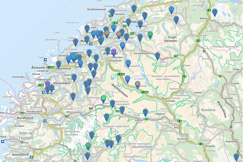 Deler av startvinduet hos Løyper.net. Hvert snøsymbol er et løypelag eller en destinasjon. Grafikk: Løyper.net/Langrenn.com. Deler av startvinduet hos Løyper.net. Hvert snøsymbol er et løypelag eller en destinasjon. Grafikk: Løyper.net/Langrenn.com.