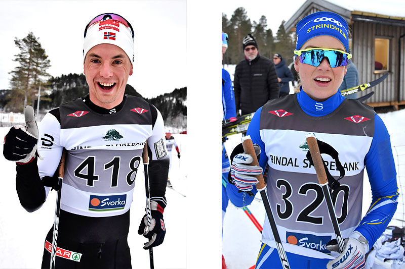 Mathias Rundgreen og Marte Skaanes kapret hver sin seier i Rindalsrennet 2018. Foto: Tor Jarle Bolme. Mathias Rundgreen og Marte Skaanes kapret hver sin seier i Rindalsrennet 2018. Foto: Tor Jarle Bolme.
