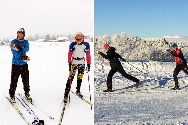 Teknikk i teori og praksis er blant innholdet i Mikkelsplass & co. sitt skikurs på Golsfjellet. Kristen Skjeldal i samtale med ung kursdeltaker (tv). Marit Mikkelsplass instruerer diagonalgang med en kursdeltager (th). Foto: Pål Gunnar Mikkelsplass. Teknikk i teori og praksis er blant innholdet i Mikkelsplass & co. sitt skikurs på Golsfjellet. Kristen Skjeldal i samtale med ung kursdeltaker (tv). Marit Mikkelsplass instruerer diagonalgang med en kursdeltager (th). Foto: Pål Gunnar Mikkelsplass.