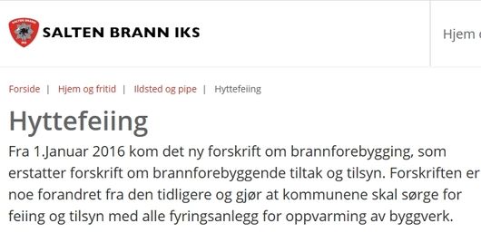 Utsnitt fra Salten brann sine nettsider om feiing av fritidsboliger