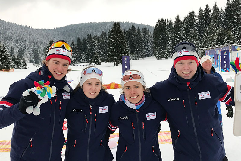 Norges gullag i mix-stafetten under Europeisk Ungsoms-OL, EYOF Sarajevo 2019. Fra venstre: Lars Agnar Hjelmeset, Ebba Andresen, Margrethe Bergane og Martin Kirkeberg Mørk. Norges gullag i mix-stafetten under Europeisk Ungsoms-OL, EYOF Sarajevo 2019. Fra venstre: Lars Agnar Hjelmeset, Ebba Andresen, Margrethe Bergane og Martin Kirkeberg Mørk.