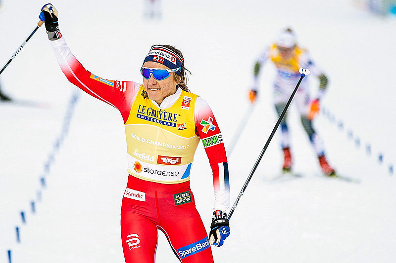 Maiken Caspersen Falla jubler for seier på sprinten under VM i Seefeld 2019. Foto: Modica/NordicFocus. Maiken Caspersen Falla jubler for seier på sprinten under VM i Seefeld 2019. Foto: Modica/NordicFocus.