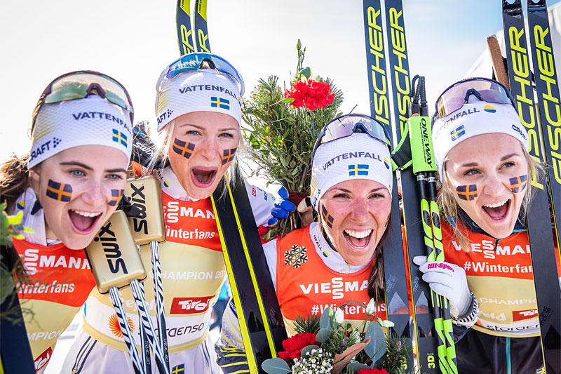 Sveriges gulljenter i VM-stafetten i Seefeld 2019. Fra venstre og i etapperekkefølge: Ebba Andersson, Frida Karlsson, Charlotte Kalla og Stina Nilsson. Foto: Modica/NordicFocus. Sveriges gulljenter i VM-stafetten i Seefeld 2019. Fra venstre og i etapperekkefølge: Ebba Andersson, Frida Karlsson, Charlotte Kalla og Stina Nilsson. Foto: Modica/NordicFocus.