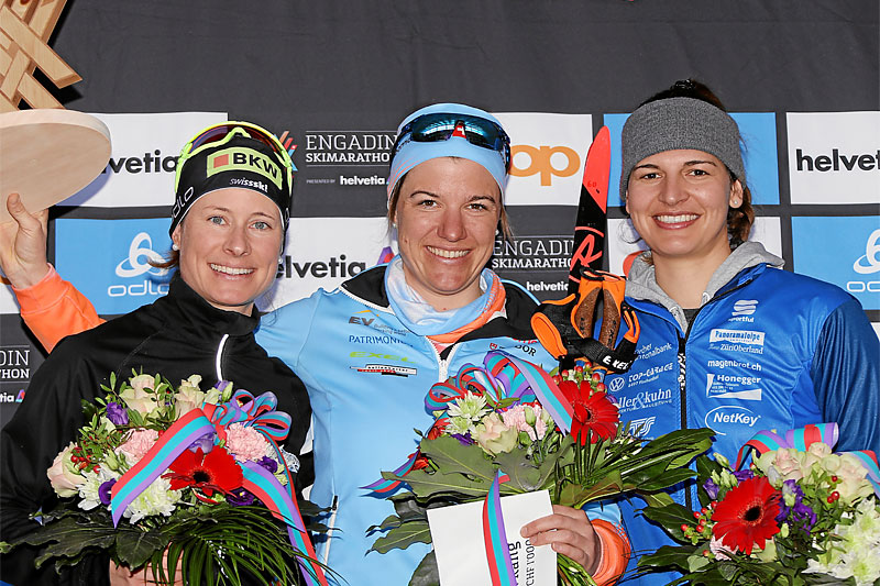 Engadin Frauenlauf sin seierspall i 2019-utgaven. Fra venstre: Seraina Boner (2. plass), Rahel Imoberdorf (1) og Rebecca Vontobel (3). Foto: Swiss-Image.ch. Engadin Frauenlauf sin seierspall i 2019-utgaven. Fra venstre: Seraina Boner (2. plass), Rahel Imoberdorf (1) og Rebecca Vontobel (3). Foto: Swiss-Image.ch.