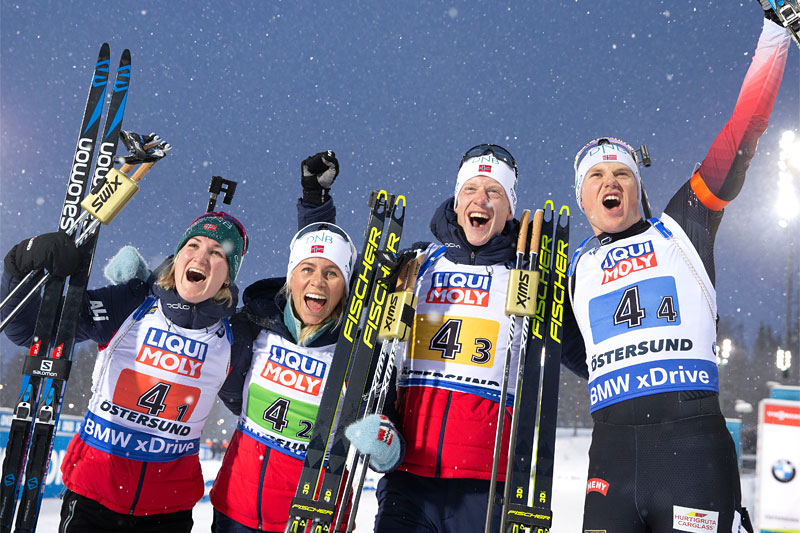 Norges gullag i VMs mixstafett i Östersund 2019. FV i etapperekkefølge: Marte Olsbu Røiseland, Tiril Eckhoff, Johannes Thingnes Bø og Vetle Sjaastad Christiansen. Foto: Manzoni/NordicFocus. Norges gullag i VMs mixstafett i Östersund 2019. FV i etapperekkefølge: Marte Olsbu Røiseland, Tiril Eckhoff, Johannes Thingnes Bø og Vetle Sjaastad Christiansen. Foto: Manzoni/NordicFocus.
