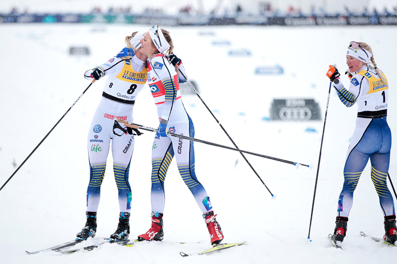 Den svenske topptrioen i verdenscupfinalens sprint i Quebec 2019. Fra venstre: Maja Dahlqvist (nr. 2), Stina Nilsson (1) og Jonna Sundling (3). Foto: Modica/NordicFocus. Den svenske topptrioen i verdenscupfinalens sprint i Quebec 2019. Fra venstre: Maja Dahlqvist (nr. 2), Stina Nilsson (1) og Jonna Sundling (3). Foto: Modica/NordicFocus.