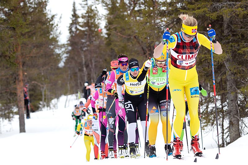 Astrid Øyre Slind fører an i feltet under Visma Ski Classics-rennet Ylläs-Levi. Foto: Christian Manzoni/NordicFocus. Astrid Øyre Slind fører an i feltet under Visma Ski Classics-rennet Ylläs-Levi. Foto: Christian Manzoni/NordicFocus.