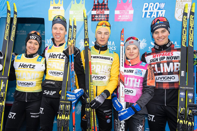 Trøyeledere etter første runde av Visma Ski Classics i forbindelse med Prolog Weekend i Livigno høsten 2019. Foto: Magnus Östh/Visma Ski Classics. Trøyeledere etter første runde av Visma Ski Classics i forbindelse med Prolog Weekend i Livigno høsten 2019. Foto: Magnus Östh/Visma Ski Classics.