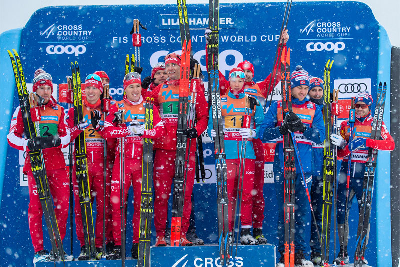 Herrestafetten under verdenscupen i langrenn på Lillehammer 2019 ble russernes dag, de tok dobbeltseier foran Norge. Foto: Thibaut/NordicFocus. Herrestafetten under verdenscupen i langrenn på Lillehammer 2019 ble russernes dag, de tok dobbeltseier foran Norge. Foto: Thibaut/NordicFocus.