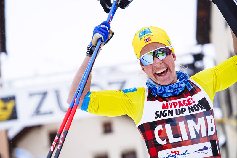Astrid Øyre Slind jubler etter å ha vunnet La Diagonela 2020, sesongens 5. renn i Visma Ski Classics, i suveren stil. Foto: Östh/Visma Ski Classics. Astrid Øyre Slind jubler etter å ha vunnet La Diagonela 2020, sesongens 5. renn i Visma Ski Classics, i suveren stil. Foto: Östh/Visma Ski Classics.