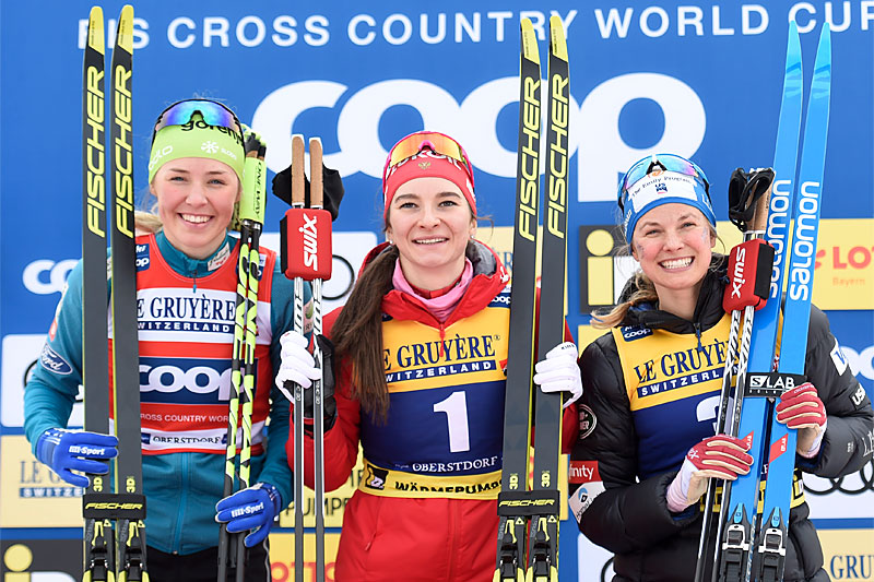 Damenes seierspall på sprinten under Prøve-VM 2020 i Oberstdorf. FV: Anamarija Lampic (2. plass), Natalia Nepryaeva (1) og Jessica Diggins (3). Foto: Thibaut/NordicFocus. Damenes seierspall på sprinten under Prøve-VM 2020 i Oberstdorf. FV: Anamarija Lampic (2. plass), Natalia Nepryaeva (1) og Jessica Diggins (3). Foto: Thibaut/NordicFocus.