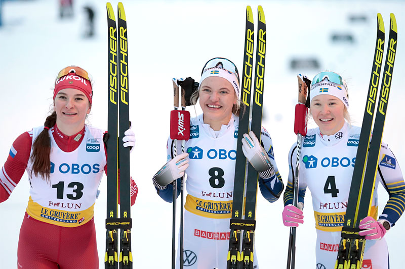 Damenes seierspall på sprinten i verdenscupen i Falun 2020. FV: Linn Svahn (2. plass), Natalia Nepryaeva (1) og Jonna Sundling (3). Foto: Modica/NordicFocus. Damenes seierspall på sprinten i verdenscupen i Falun 2020. FV: Linn Svahn (2. plass), Natalia Nepryaeva (1) og Jonna Sundling (3). Foto: Modica/NordicFocus.