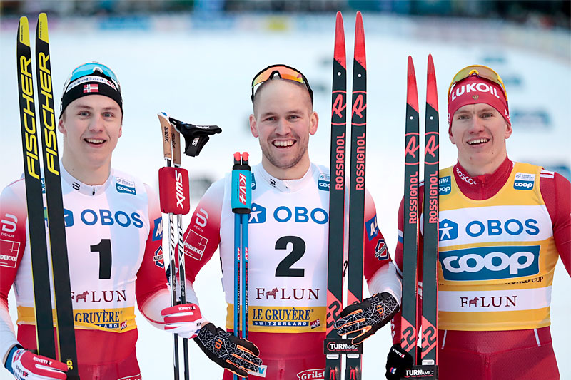 Herrenes seierspall på sprinten under verdenscupen i Falun 2020. FV: Erik Valnes (2. plass), Pål Golberg (1) og Alexander Bolshunov (3). Foto: Modica/NordicFocus. Herrenes seierspall på sprinten under verdenscupen i Falun 2020. FV: Erik Valnes (2. plass), Pål Golberg (1) og Alexander Bolshunov (3). Foto: Modica/NordicFocus.