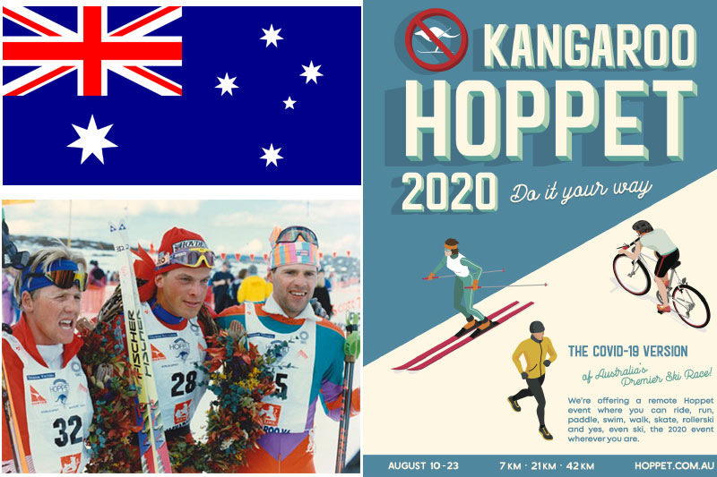 Anders Aukland i midten, flankert av Andre Jungen (SUI) og Ales Vanek CZE) i et arrangørfoto fra 1993. Australias flagg fra Wikipedia og arrangørens plakat for 2020-utgaven av Kangaroo Hoppet. Montasje: Langrenn.com. Anders Aukland i midten, flankert av Andre Jungen (SUI) og Ales Vanek CZE) i et arrangørfoto fra 1993. Australias flagg fra Wikipedia og arrangørens plakat for 2020-utgaven av Kangaroo Hoppet. Montasje: Langrenn.com.