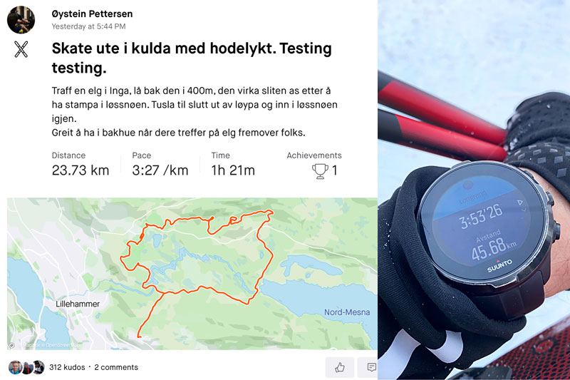 En økt på Strava utført av Øystein Pettersen. Til høyre en puls- og GPS-klokke fotografert av Swix-mannen Håvard Rønning. Collage: Langrenn.com. En økt på Strava utført av Øystein Pettersen. Til høyre en puls- og GPS-klokke fotografert av Swix-mannen Håvard Rønning. Collage: Langrenn.com.