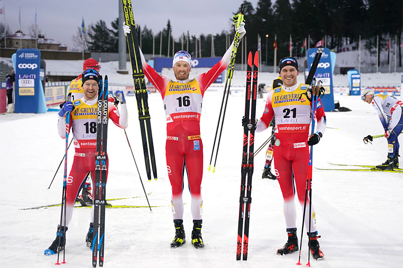 Herrenes seierspall på 30 km skiathlon under verdenscupen i Lahti 2021. FV: Sjur Røthe (2. plass), Emil Iversen (1) og Pål Golberg (3). Foto: Modica/NordicFocus. Herrenes seierspall på 30 km skiathlon under verdenscupen i Lahti 2021. FV: Sjur Røthe (2. plass), Emil Iversen (1) og Pål Golberg (3). Foto: Modica/NordicFocus.