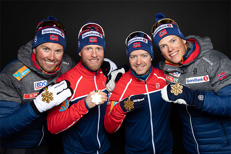 Norges vinnerlag fra stafetten i Seefeld-VM 2019. Fra venstre, i etapperekkefølge: Emil Iversen, Martin Johnsrud Sundby, Sjur Røthe og Johannes Høsflot Klæbo. GEPA-pictures/WSC Seefeld 2019. Norges vinnerlag fra stafetten i Seefeld-VM 2019. Fra venstre, i etapperekkefølge: Emil Iversen, Martin Johnsrud Sundby, Sjur Røthe og Johannes Høsflot Klæbo. GEPA-pictures/WSC Seefeld 2019.