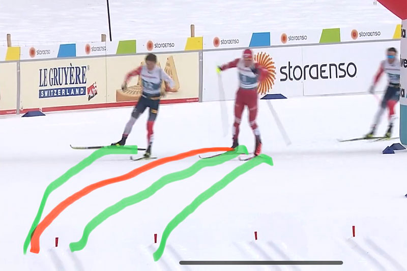 Klæbo og Bolshunov i svingen før oppløpet på 5-mila i Oberstdorf-VM 2021, rett før dramatikken startet. Til høyre i bildet Emil Iversen som ble kåret til vinner etter disk av Klæbo. Faksimile: NRK Sport / Grafikk: Rune Dønnestad. Klæbo og Bolshunov i svingen før oppløpet på 5-mila i Oberstdorf-VM 2021, rett før dramatikken startet. Til høyre i bildet Emil Iversen som ble kåret til vinner etter disk av Klæbo. Faksimile: NRK Sport / Grafikk: Rune Dønnestad.