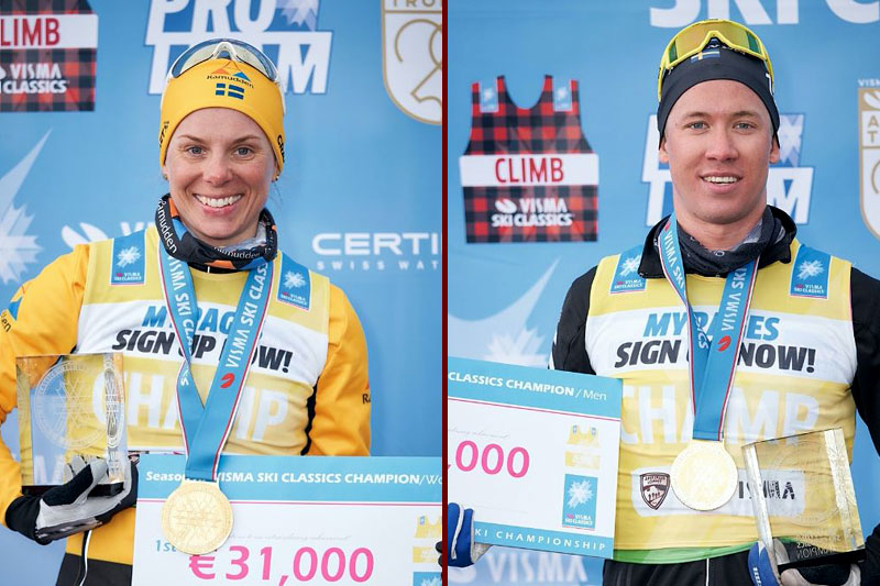 Lina Korsgren og Emil Persson med sine medaljer og premiesjekker som totalvinnere av langløpscupen Ski Classics 2020/2021. Foto: Magnus Östh / Visma Ski Classics. Lina Korsgren og Emil Persson med sine medaljer og premiesjekker som totalvinnere av langløpscupen Ski Classics 2020/2021. Foto: Magnus Östh / Visma Ski Classics.