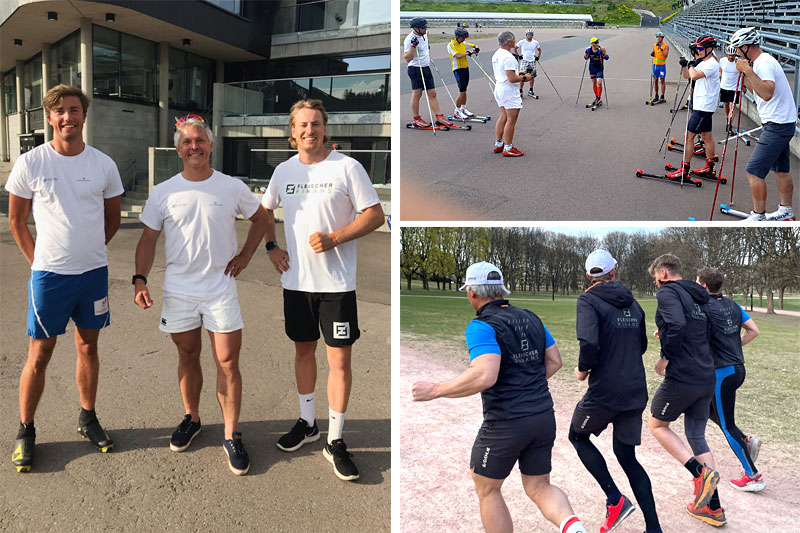 Martin Fleischer flankert av langrennsprofilene Håvard Moseby og Kasper Stadaas. Øvrige Team Fleischer Finans-bilder fra rulleskikurs og løpetrening i felles regi. Foto: Team Fleischer Finans. Martin Fleischer flankert av langrennsprofilene Håvard Moseby og Kasper Stadaas. Øvrige Team Fleischer Finans-bilder fra rulleskikurs og løpetrening i felles regi. Foto: Team Fleischer Finans.