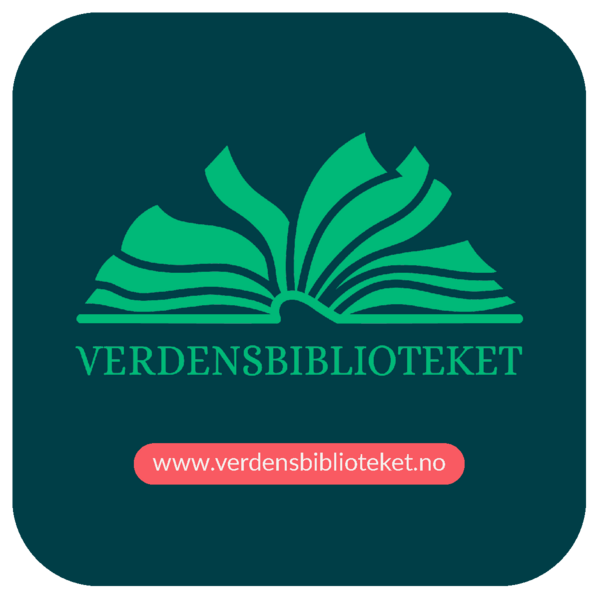 Logo for verdensbiblioteket, en e-boktjeneste på flere språk. Viser et stilisert bilde av ei oppslått bok i grønt på blå bakgrunn