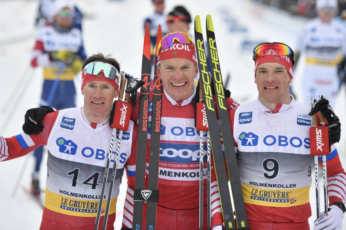 Maxime Vylegzhanin, Aleksander Bolshunov og Andrey Larkov tok tredobbelt under 5-mila i Holmenkollen 2019. Foto: Thibaut/NordicFocus. Maxime Vylegzhanin, Aleksander Bolshunov og Andrey Larkov tok tredobbelt under 5-mila i Holmenkollen 2019. Foto: Thibaut/NordicFocus.