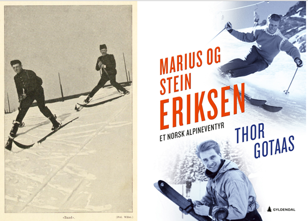 Skifamilie. (Venstre). I 1907 ble den da 20 år gamle Marius Eriksen (senior) fra Skien tilkalt av legenden Fritz Huitfeldt i Kristiania for å være modell til fotografiene i Huitfeldts lærebok om skiløping. Her demonstrerer de ploging. Eriksen ble senere far til alpinistene Marius og Stein. Skifamilie. (Venstre). I 1907 ble den da 20 år gamle Marius Eriksen (senior) fra Skien tilkalt av legenden Fritz Huitfeldt i Kristiania for å være modell til fotografiene i Huitfeldts lærebok om skiløping. Her demonstrerer de ploging. Eriksen ble senere far til alpinistene Marius og Stein.
