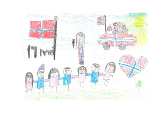 Her ser vi en tegning som viser 17.mai feiring med norske flagg og barn.