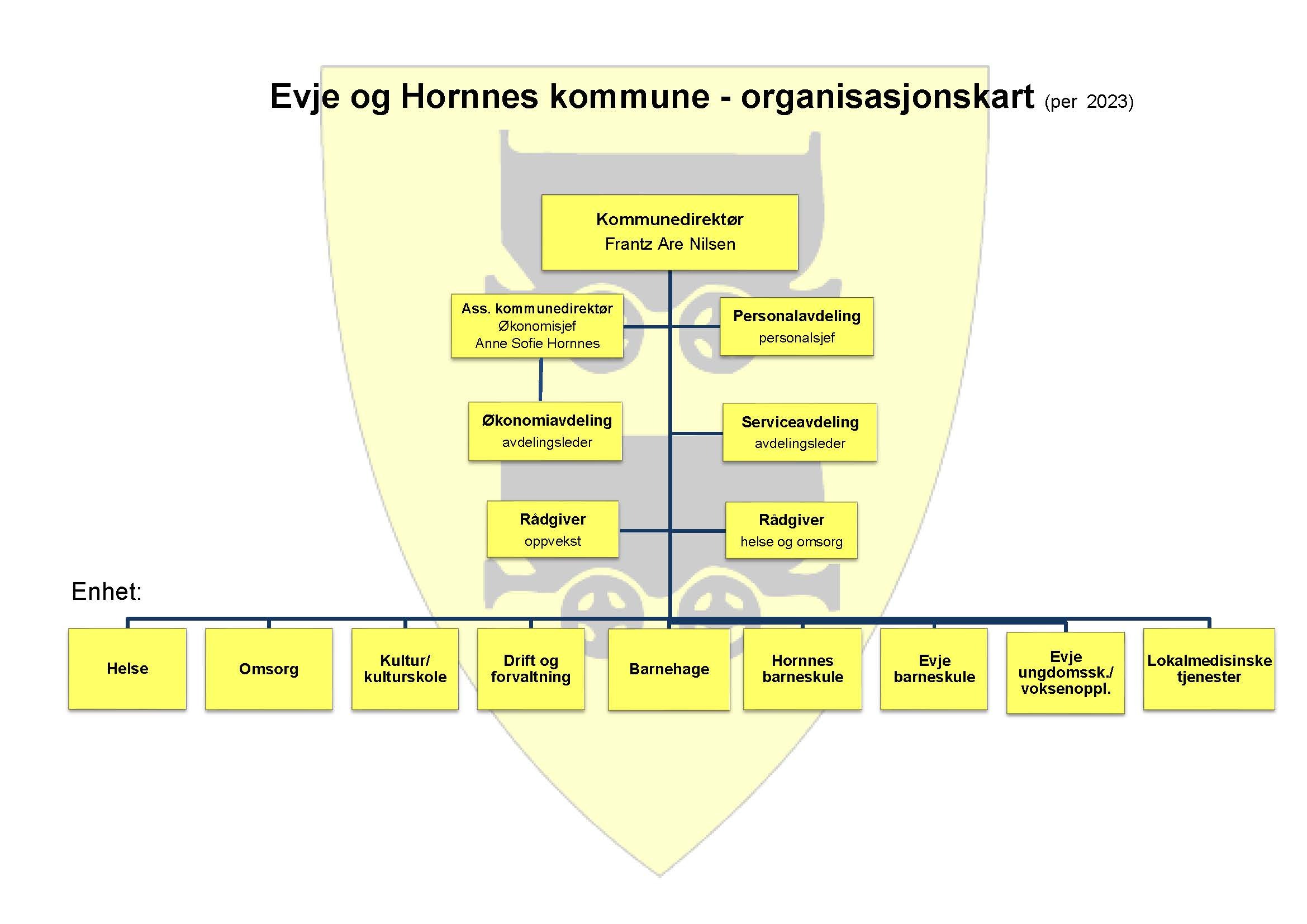 Organisasjonskart over aministrativ ledelse i Evje og Hornnes kommune per 2023