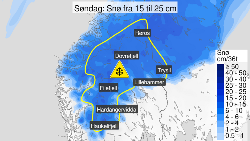 Kart over Snø, gult nivå, Østlandet og fjellet Sør-Norge