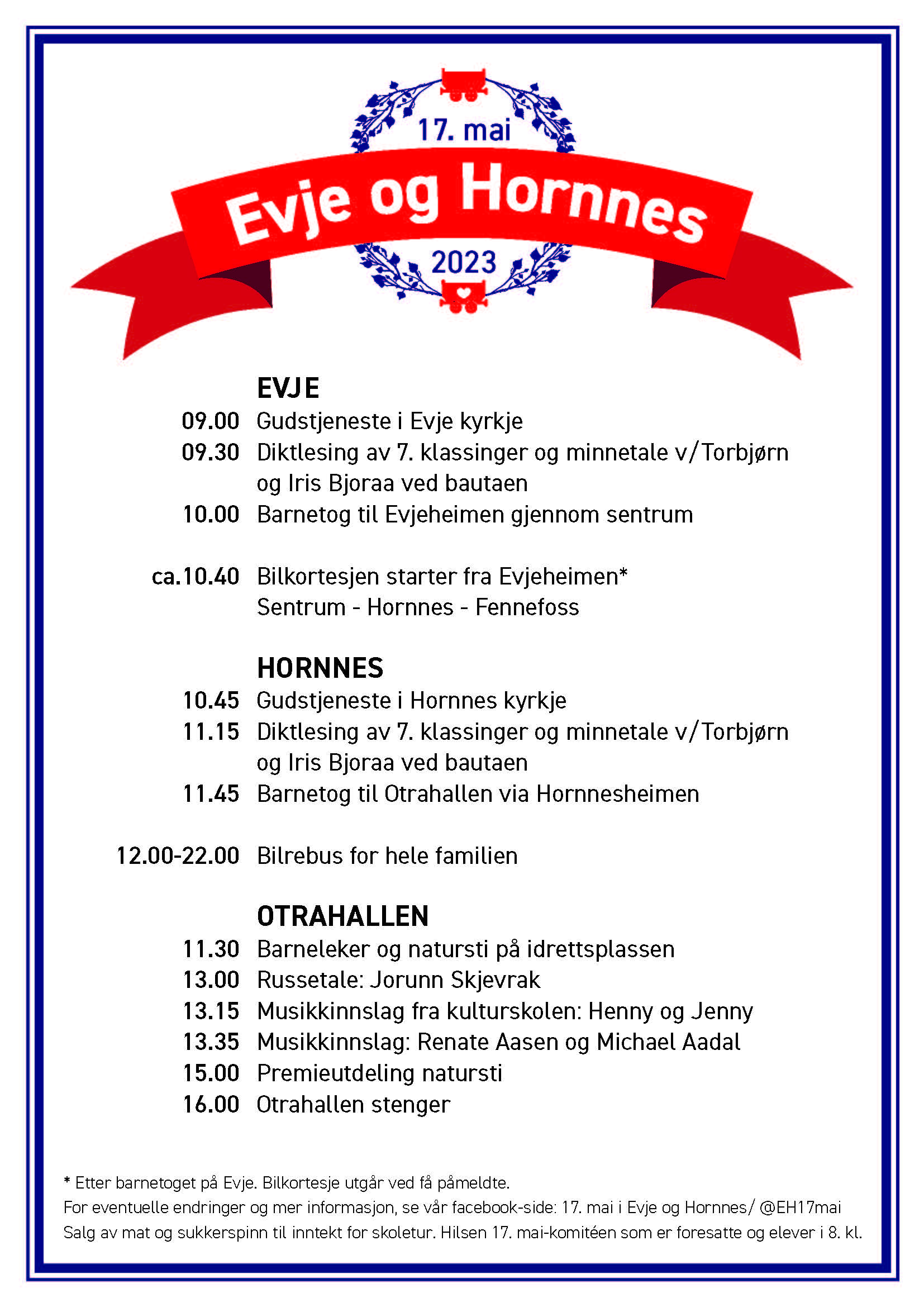 Program over det som skjer på 17.mai på Evje og på Hornnes 2023