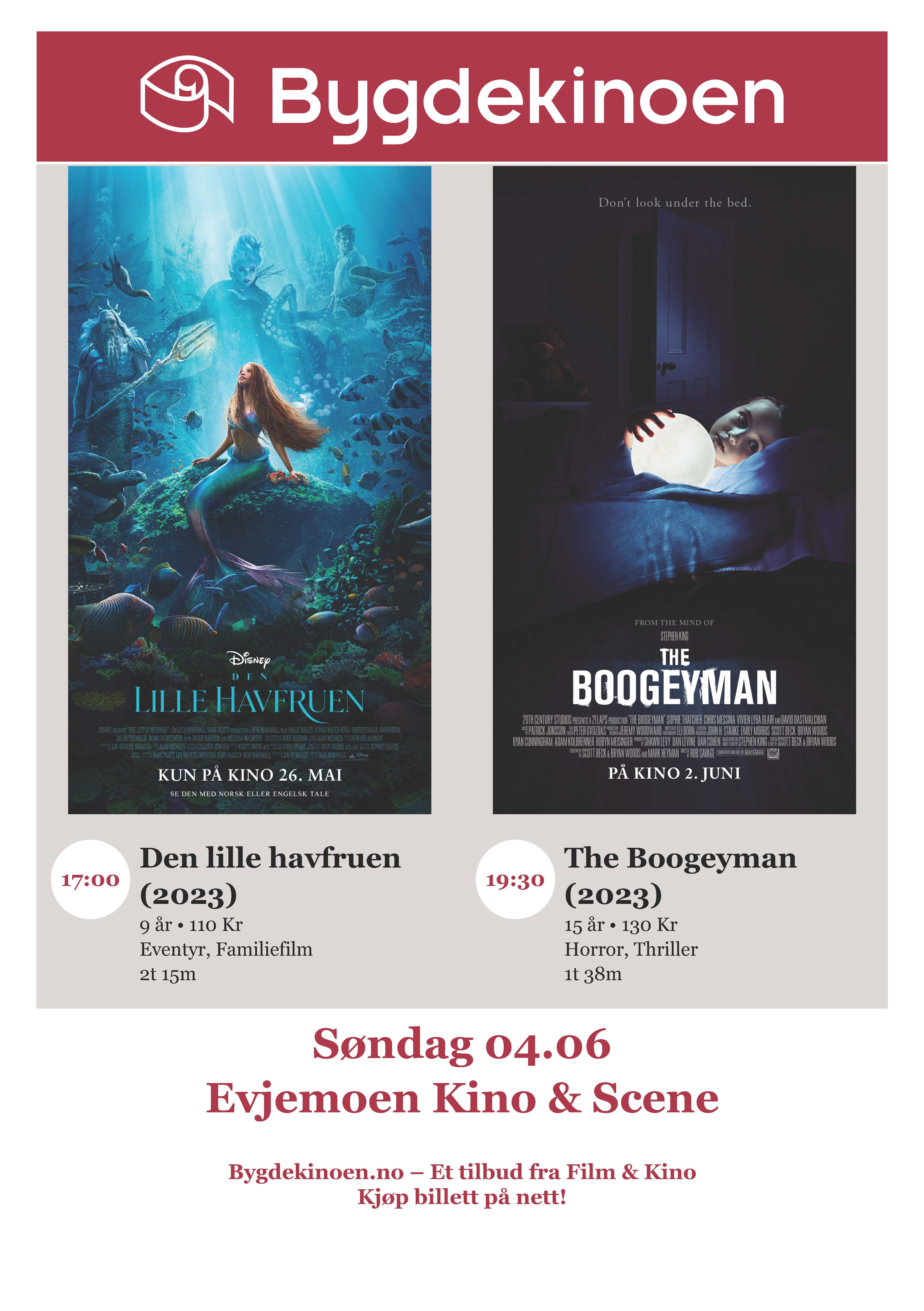 Plakat som viser hvilke to filmer som vises på Evjemoen Kino & Scene søndag 4.juni 2023. 