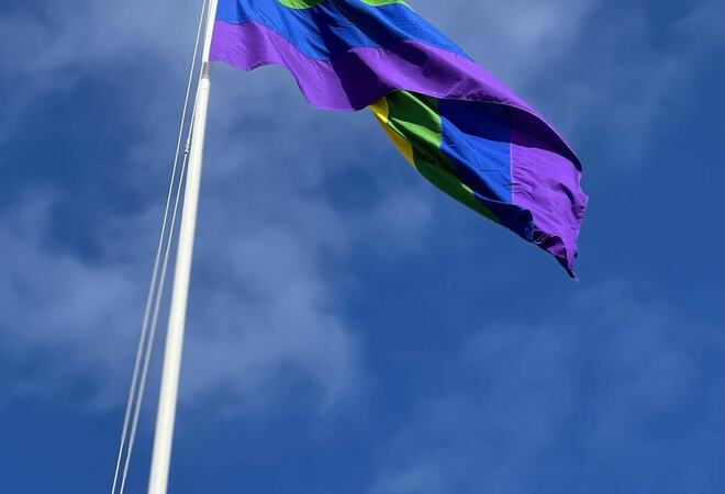 Regnbueflagg på flaggstang med blå himmel i bakgrunn