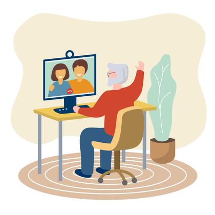 Illustrasjonen viser en eldre mann som sitter på en kontorstol. Vi ser ham skrått bakfra. Han har høyre hånd løftet og vinker til en dataskjerm. Der ser man to yngre voksne, som smiler mot ham. Oppå skjermen står et webkamera.