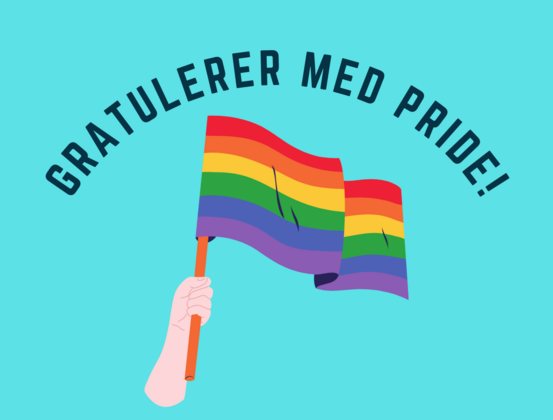 illustrasjon av prideflagg med skrift over som sier: gratulerer med pride!