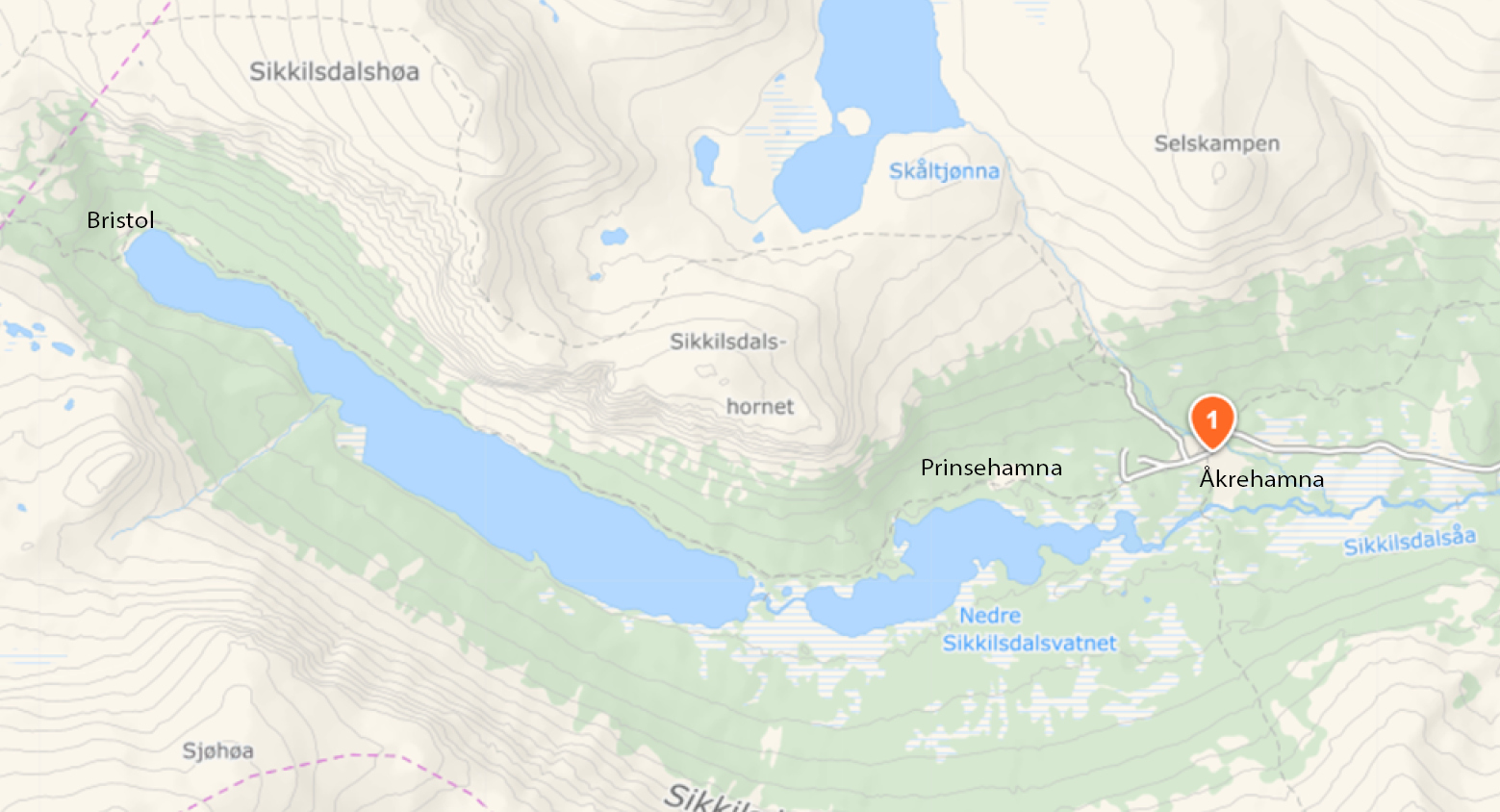 Kart over fjellhamningene i Sikkilsdalen