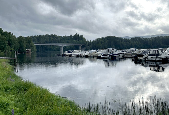 Bildet er tatt fra land, og man ser litt av gressbakken i forkant. I det fjerne ser man Bergertjern bru. Til venstre i det fjerne kan man se Flyt FjordSauna. Fra ca midt på bilde, fra høyre kant og utover mot brua ser man en full småbåthavn.