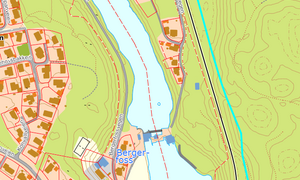 Bildet er et kartutsnitt, som viser hvor Bergerfoss er. Elva går omtrent midt i bildet. Til venstre for elva ser man at det er et større boligfelt, på høyre side er det også et lite boligområde, men mest grøntareal.
