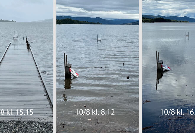 Bildet er en montasje av fem bilder som viser hvordan Verkebrygga er blitt oversvømt på få dager.