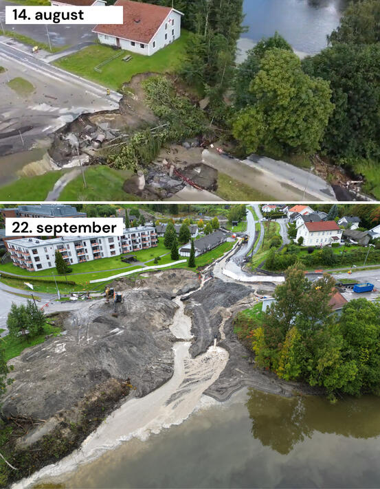 Bildet er en montasje av to dronebilder, av samme sted men med forskjellig vinkel. De viser at de opprinnelige ødeleggelsene nå er gravd ut til et omfattende hull.