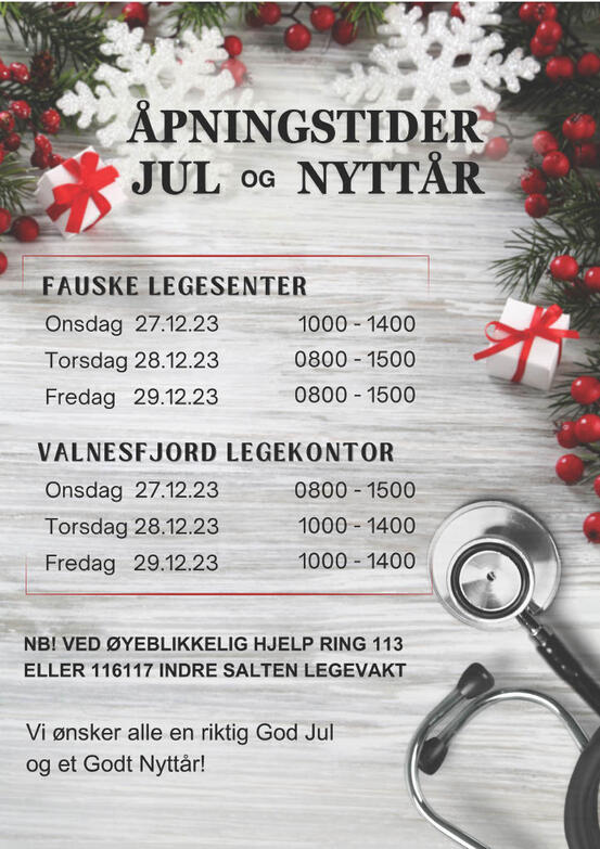 plakat med åpningstider legesenter i jul. informasjon i tekst