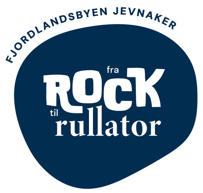 Bildet er en tegning med variert tekstuttrykk. Teksten sier "Fjordlandsbyen Jevnaker fra rock til rullator".