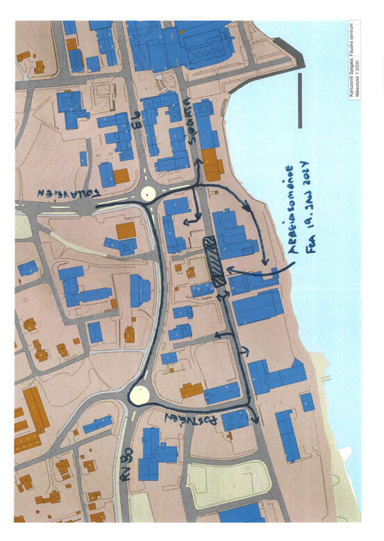 Kart over Fauske sentrum med veier. Viser det endrede kjøremønsteret i Sjøgata