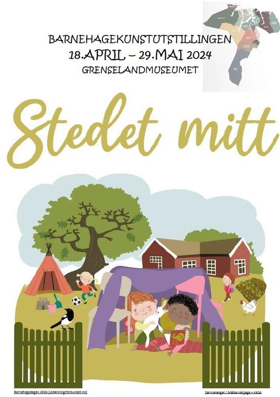 Plakat for barnehagekunst utstillingen 2024 - 18 april til 29 mai - Grenselandmuseumet