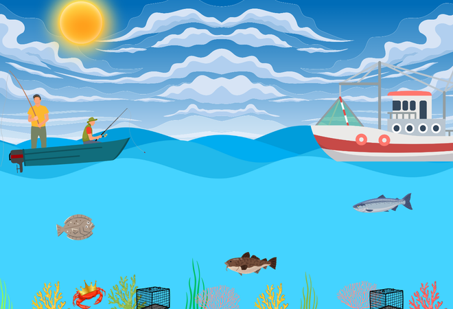illustrasjon av fiskere på sjøen